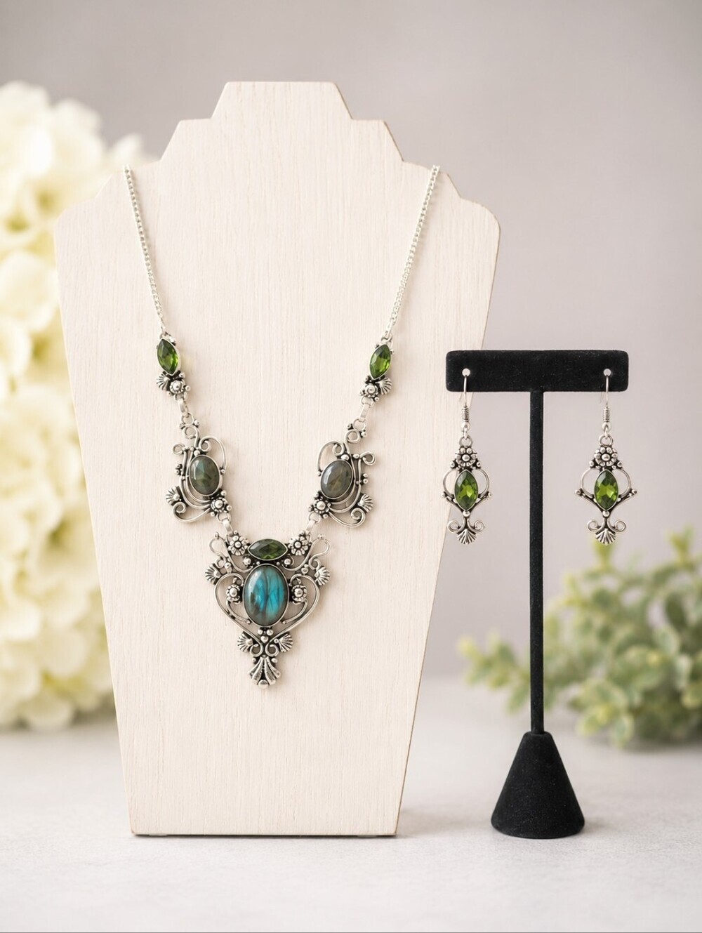 Labradorite & Peridot Gemstone Necklace Earrings Set 21" Silver Tone Boho